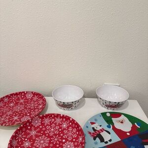 Festive Red and White Snowflake Plates and Bowls Set